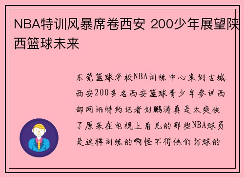 NBA特训风暴席卷西安 200少年展望陕西篮球未来